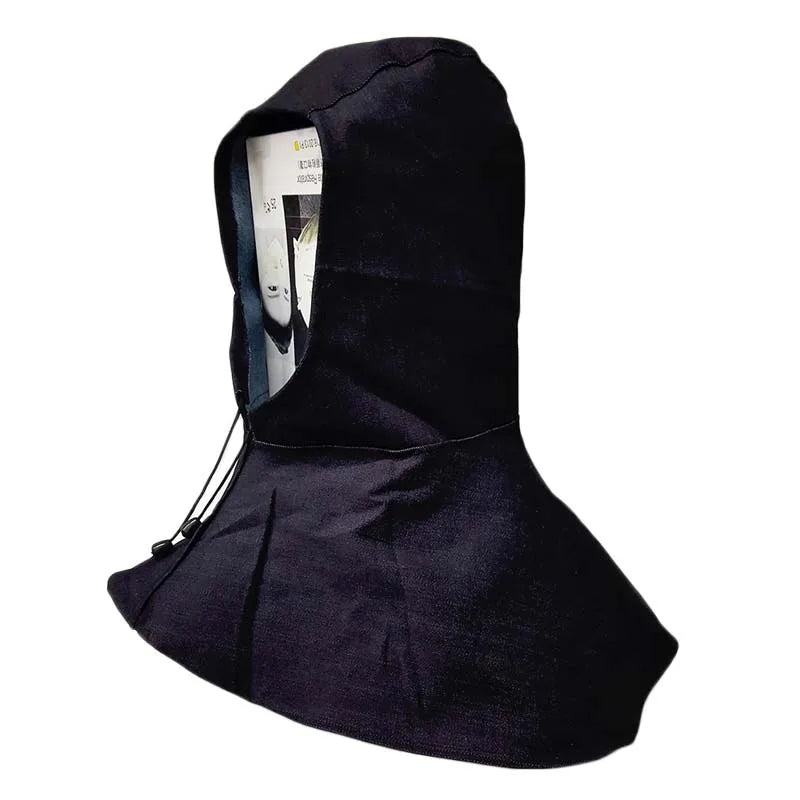 Blue denim welding cap with neck protection
